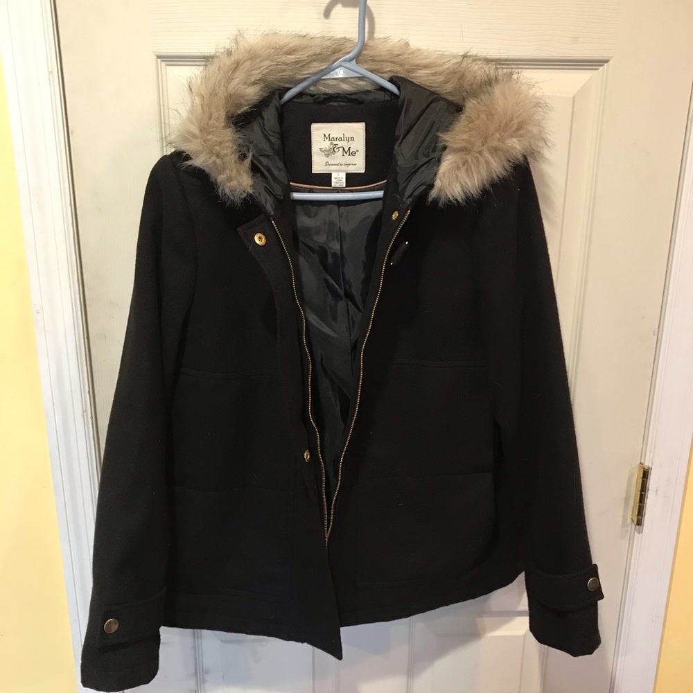 Black coat with fur trimmed hood